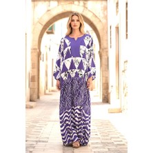 Modanı Seç Mor Kayık Yaka Balon Kollu Desenli Uzun Elbise