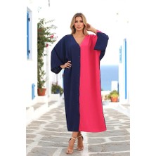 Modanı Seç Pembe Lacivert Renk Bloklu Sırtı Otantik Nakışlı Cepli Uzun Overisize Elbise