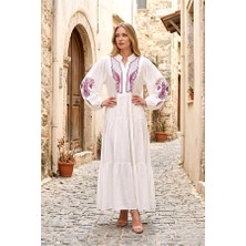 Modanı Seç Beyaz Önü ve Kolları Nakışlı Balon Kol Eteği Kat Kat Uzun Elbise