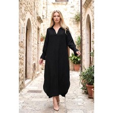 Modanı Seç Siyah V Yaka Kolları Fırfırlı Cepli Uzun Elbise