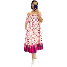 Modanı Seç Fuşya Desenli Madonna Yaka Etekleri Fırfırlı Cepli Uzun Elbise