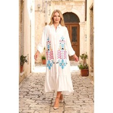 Modanı Seç Beyaz Otantik Nakışlı Kolu Apoletli Eteği Fırfırlı Uzun Gömlek Elbise