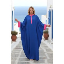 Modanı Seç Saks Mavi Sırtı Otantik Nakışlı Yarasa Kol Oversize Uzun Elbise