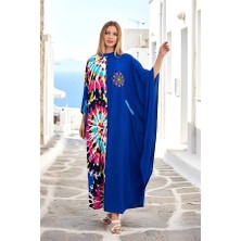 Modanı Seç Saks Mavi Desen Garnili Göğsü Nakışlı Cepli Oversize Uzun Elbise