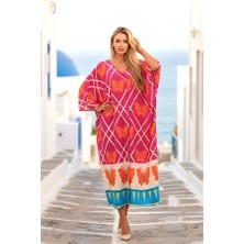 Modanı Seç Fuşya Kelebek Desenli V Yaka Yarasa Kol Cepli Oversize Uzun Gömlek Elbise