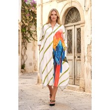 Modanı Seç Yeşil Çizgili Papağan Desenli Kolları Apoletli Cepli Uzun Gömlek Elbise