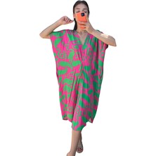 Modanı Seç Fuşya Yeşil Desenli V Yaka Tasarım Cepli Elbise