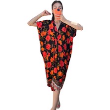 Modanı Seç Kırmızı Çiçekli  V Yaka Tasarım Cepli Elbise