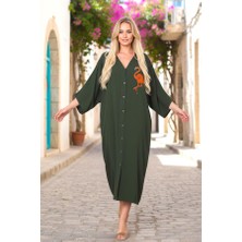 Modanı Seç Haki V Yaka Önü ve Sırtı Flamingo Nakışlı Cepli Oversize Uzun Gömlek Elbise