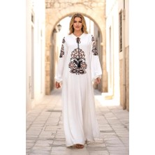 Modanı Seç Beyaz Önü ve Kolları Otantik Nakışlı Püsküllü Balon Kol Uzun Elbise
