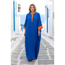 Modanı Seç Saks Mavi Sırtı Palmiye Nakışlı Yarasa Kol Oversize Uzun Elbise