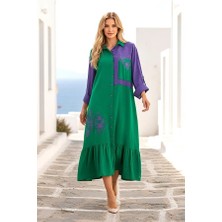 Modanı Seç Yeşil Mor Garnili Önü ve Eteği Nakışlı Kolu Apoletli Uzun Gömlek Elbise