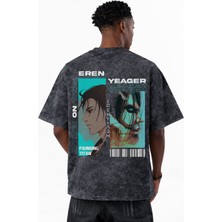 Sevbano Tasarım Attack On Titan Eren Yeager Anime Baskılı Unisex Oversize Eskitme Yıkamalı Tişört