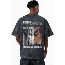 Sevbano Tasarım Attack On Titan Eren Yeager Anime Baskılı Unisex Oversize Eskitme Yıkamalı Tişört