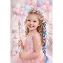 Unicorn Prenses Taç, Değnek ve Örgü Saç Aksesuar Seti Doğum Günü Kostüm Aksesuarı (3-8 Yaş)