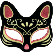 İntora Siyah Renk Süet Kaplama Üzeri Kırmızı Sarı Simli Kedi Maskesi 17X14 cm