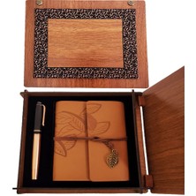 İntora Ahşap Kutulu Taba Renk Deri Defter ve Kalem Set