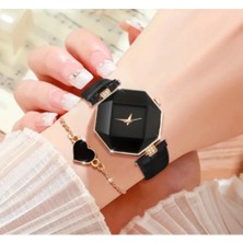 BBS 2'li Siyah Şık Kuvars Kadın Saati ile Kalpli Bileklik ( Kutusuz )