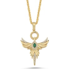 Sembol Gold 14 Ayar Altın Zümrüt Taşlı Melek Kanadı Figürlü Kolye 55CM
