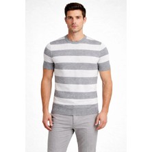 Glam Love Erkek T-Shirt Çizgili Triko Dokuma Bisiklet Yaka Tişört - Gri