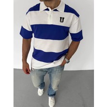 Glam Love Unisex Yakalı Parçalı ve Baskılı T-Shirt - Mavi