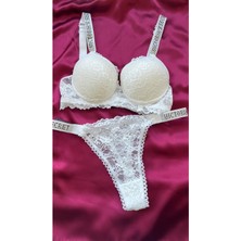 Nivene Beyaz Dantelli Taşlı Balenli Destekli Sütyen Takım