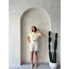 Cemo Kadın Omuz Dantel Detaylı Bisiklet Yaka Kısa Kollu Tişört