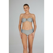 Estiva Kadın Parlak Silver Yüksek Bel Britli Aksesuarlı Straplez Bikini Takımı
