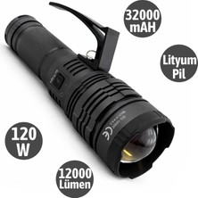 Badem10 Şarjlı Metal El Feneri 120W 12000 Lümen 32000MAH Lityum Pil Su Geçirmez Uzun Menzil Profesyonel Işık