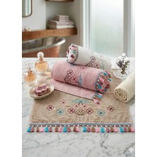 Z&N Style Çeyizlik 50X90 Cm. Kanaviçe Çiçek Desenli Püsküllü Kadife Lüks Havlu Seti 3'lü Set