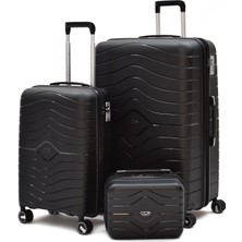 Ççs Körüklü Kırılmaz Polipropilen 3’lü Valiz Seti – Büyük & Kabin Boy + Makyaj, Sessiz Tekerlek 5242