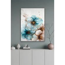 KutuTR Turkuaz ve Altın Detaylı Çiçek Desenli Temperli Cam Tablo 2d Uv Baskı - YCT618