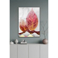 KutuTR Kırmızı Altın Yaprak Desenli Modern Temperli Cam Tablo 2d Uv Baskı - YCT643