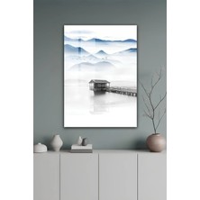 KutuTR Mavi Tonlarda Sisli Dağ Manzarası Iskeleli Temperli Cam Tablo 50X70 cm 2d Uv Baskı - YCT594
