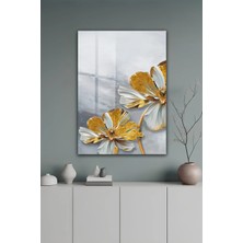 KutuTR Altın Varaklı Beyaz Çiçekler Modern Temperli Cam Tablo 2d Uv Baskı - YCT631