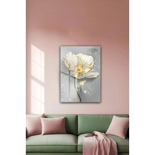 KutuTR Altın Varaklı Beyaz Çiçek Desenli Temperli Cam Tablo 2d Uv Baskı - YCT608