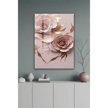 KutuTR Pudra Pembe ve Gold Detaylı Gül Desenli Temperli Cam Tablo 50X70 cm 2d Uv Baskı - YCT549