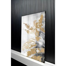 KutuTR Gümüş ve Altın Varaklı Soyut Büyük Yaprak Desenli Temperli Cam Tablo 50X70 cm 2d Uv Baskı - YCT519