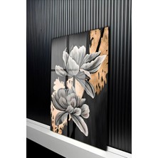 KutuTR Modern Siyah Beyaz Çiçek Tasarımlı Temperli Cam Tablo 50X70 cm 2d Uv Baskı - YCT445