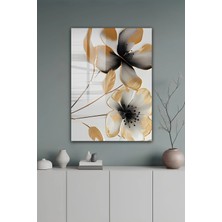 KutuTR Siyah Beyaz ve Altın Detaylı Modern Çiçek Temalı Temperli Cam Tablo 50X70 cm 2d Uv Baskı - YCT591