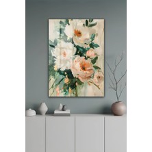 KutuTR Bej Zeminli Yeşil Yaprak Somon Tonlu Çiçek Desenli Temperli Cam Tablo 50X70 cm 2d Uv Baskı - YCT543