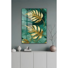KutuTR Altın Yaprak Detaylı Zümrüt Yeşili Mermer Desenli Temperli Cam Tablo 50X70 cm 2d Uv Baskı - YCT536