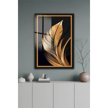 KutuTR Altın Renk Modern Soyut Tüy Desenli Temperli Cam Tablo 50X70 cm 2d Uv Baskı - YCT508