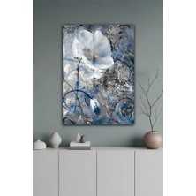KutuTR Mavi Gri Dokulu Soyut Çiçek Temperli Cam Tablo 2d Uv Baskı - YCT668
