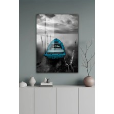 KutuTR Siyah Beyaz Deniz Temalı Turkuaz Kayık Manzaralı Modern Temperli Cam Tablo 2d Uv Baskı - YCT644
