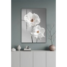 KutuTR Beyaz Çiçekli Soft Gri Zemin Modern Temperli Cam Tablo 2d Uv Baskı - YCT641