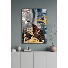 KutuTR Gold Yaprak Detay Lacivert Kahverengi Soyut Desenli Temperli Cam Tablo 50X70CM 2d Uv Baskı - YCT593