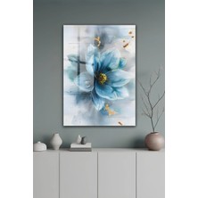 KutuTR Mavi Çiçekli Altın Dokunuşlu Modern Temperli Cam Tablo 2d Uv Baskı - YCT635