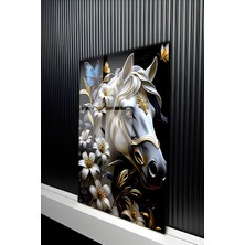 KutuTR Modern Beyaz At ve Çiçek Figürlü Temperli Cam Tablo 50X70 cm 2d Uv Baskı - YCT371