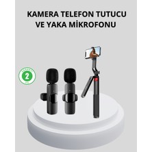 İntora Kablosuz Çift Yaka Mikrofonu ve Tripodlu Selfie Çubuğu Içerik Üretici Seti
